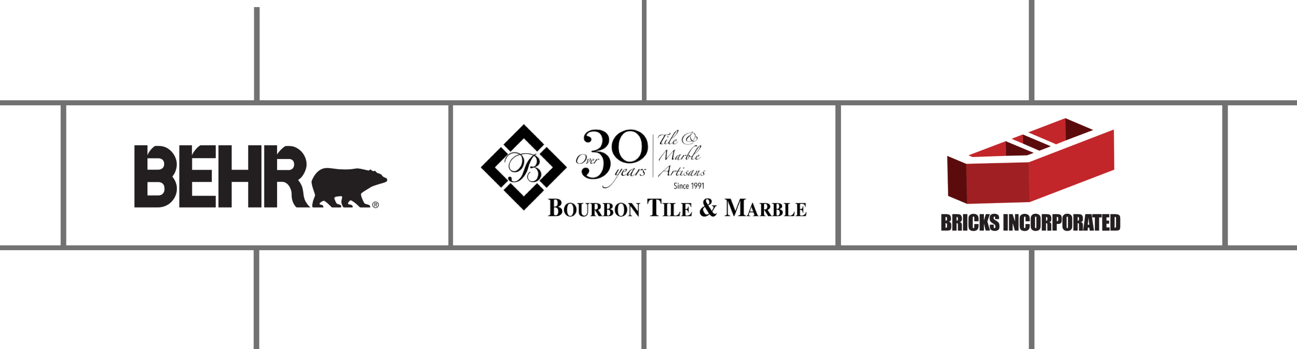 Logos for Behr, Bourban Tile & Marble, Bricks Incorporated