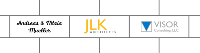 Logos of Andreas & Nitzia Mueller, JLK Architects, and Visor Consulting, LLC