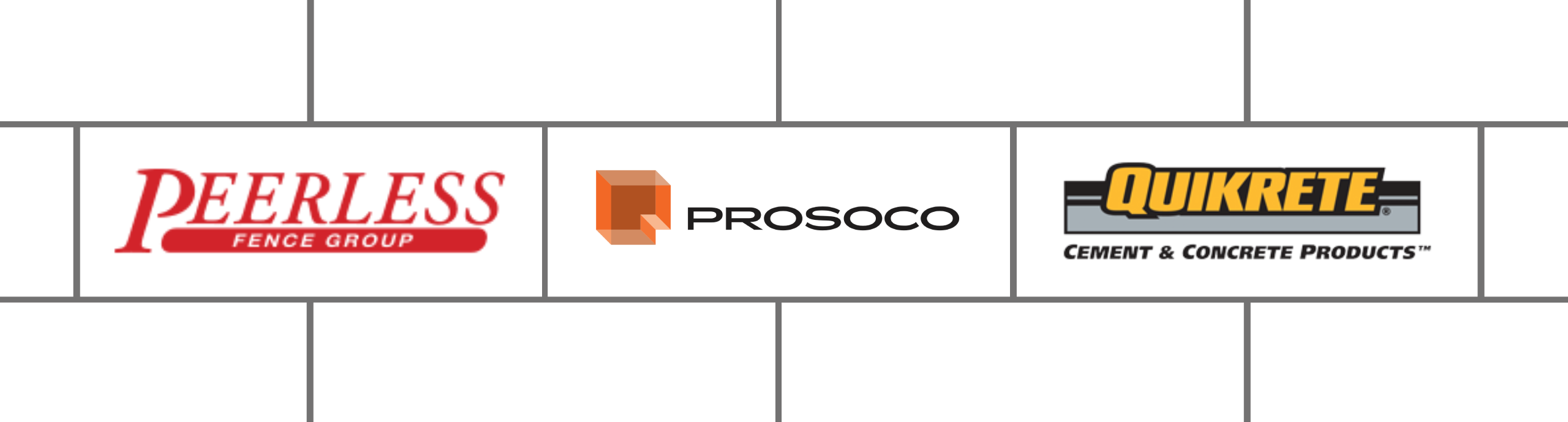 Logos for Peerless Fence Group, Prosoco, and Quikrete